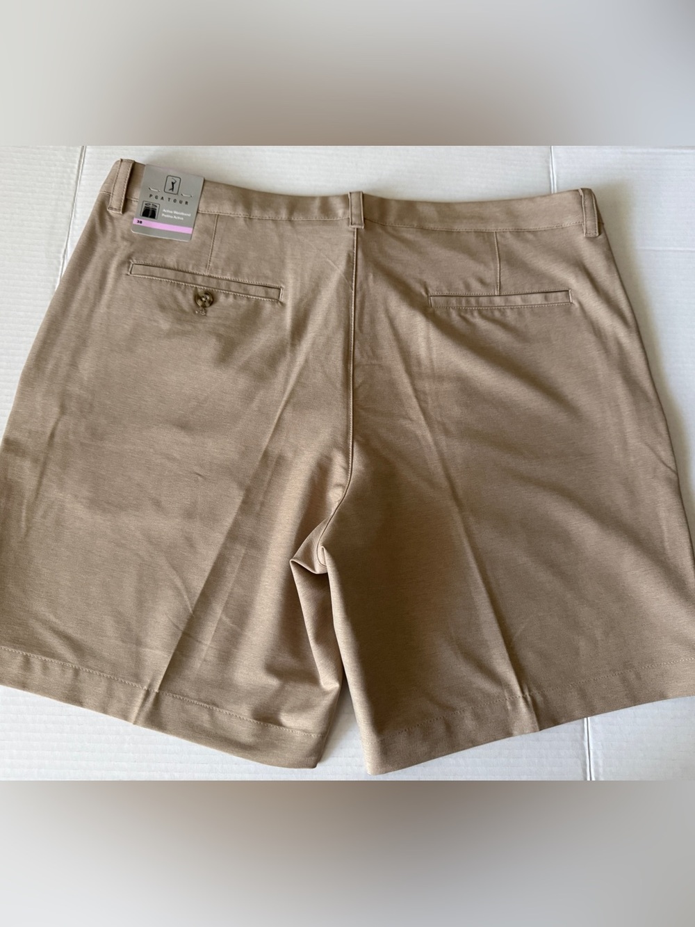 PGA Tour Khaki Flat Front Golf Shorts Polyester Stretch Active Waist Men's Sz 38
